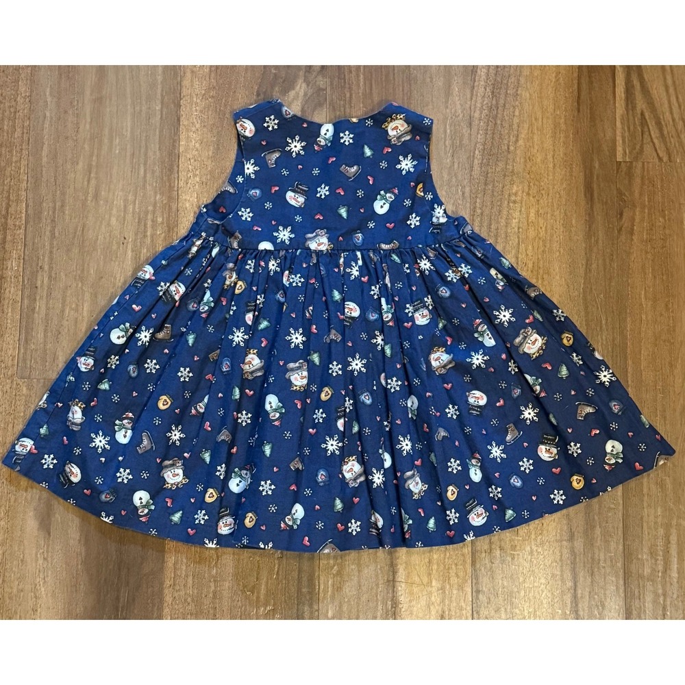 Cottagecore Retro Blue Snowman Snowflake Winter Holiday Sleeveless Dress 18-24 - Picture 4 of 6